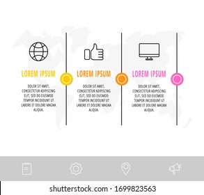 Minimale infographische Dünnschichtkonstruktion mit 3 Stufen oder Teilen. Vorlage zur Vektorillustration von Diagrammen, Präsentationen, Flussdiagrammen, Bannern und Zeitachsen