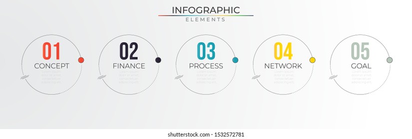 Minimal infographic timeline with 5 thin line horizontal circular steps. Annual process template. Modern vector art for company or corporate business project and presentation. Trendy Eps10 design