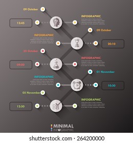 Minimal infographic timeline with circle shapes and flat icons for 5 steps. Vector. Can be used for web design and  workflow layout