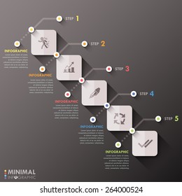 Minimal infographic timeline with rectangle shapes and flat icons for 5 steps. Vector. Can be used for web design and  workflow layout