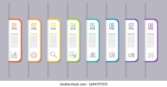 Minimal infographic Timeline template can be used for workflow layout, diagram, number options, web design. Infographic business concept with 8 option, parts, steps or processes. Abstract background.