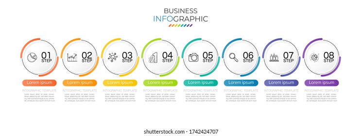 Minimal infographic Timeline template can be used for workflow layout, diagram, number options, web design. Infographic business concept with 8 option, parts, steps or processes. Abstract background.