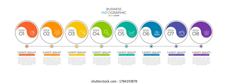 Minimal infographic Timeline template can be used for workflow layout, diagram, number options, web design. Infographic business concept with 8 option, parts, steps or processes. Abstract background.
