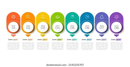 Minimal infographic Timeline template can be used for workflow layout, diagram, number options, web design. Infographic business concept with 8 option, parts, steps or processes. Abstract background.