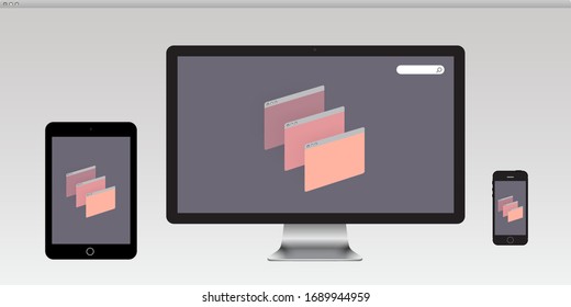Minimal infographic web pages design on tablet, computer monitor and smartphone screen. Eps 10 stock vector illustration