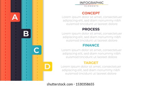 Minimal infographics with 4 colorful paper steps and icon. Chart process template. Modern vector illustration for company or corporate business project and presentation. Trendy Eps10 design