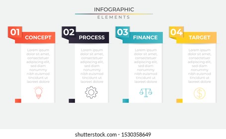 Minimal infographics with 4 colorful rectangle paper steps and icon. Chart process template. Modern vector illustration for company or corporate business project and presentation. Trendy Eps10 design