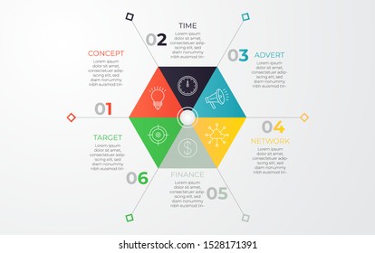 Minimal infographics with 6 colorful paper triangel steps and icon. Chart process template. Vector illustration for company or corporate business project and presentation. Trendy Eps10 design
