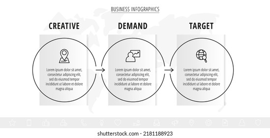 Minimal infographics circles. Line vector business concept of 3 steps by step, options, labels. Flat template with three ways for diagram, flowchart, chart