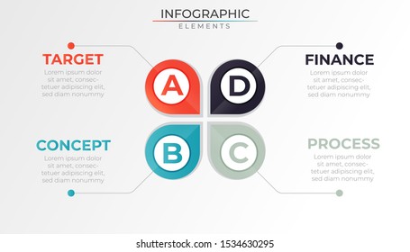 Minimal infographics concept with 4 colorful clover leaf elements. Timeline process template. Modern vector for company or corporate business project and presentation. Trendy Eps10 design illustration