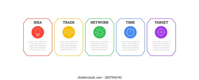 Diseño de infografía mínimo con cinco opciones de destino. Plantilla de proceso de gráfico. Vector moderno para proyectos y presentaciones de empresas o empresas. 