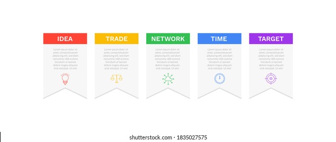Minimal infographics design with five steps target. Chart process template. Modern vector for company or corporate business project and presentation. 