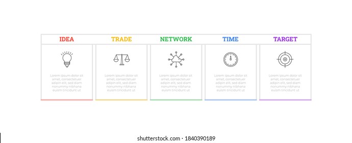 Minimal infographics design with five steps icons. Chart process template. Modern vector for company or corporate business project and presentation. 