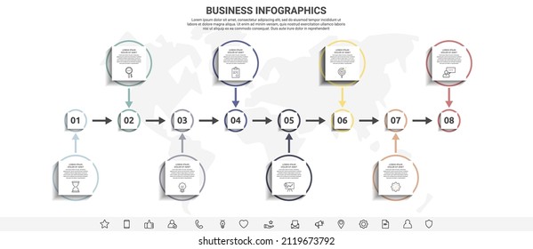 Minimal infographics with eight square elements or circles. Modern visualization of 8 step by step timeline concept. Flat template for diagram, presentations, flowchart, timeline, levels, chart