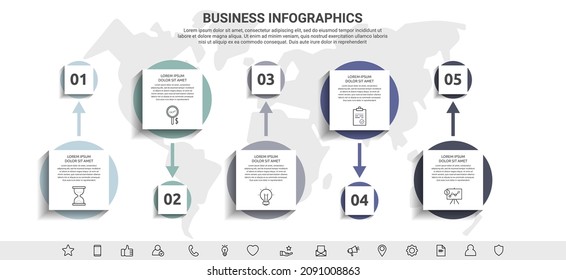 Minimal infographics with five square elements or circles. Modern visualization of 5 step by step timeline concept. Flat template for presentations, flowchart, timeline, levels, chart