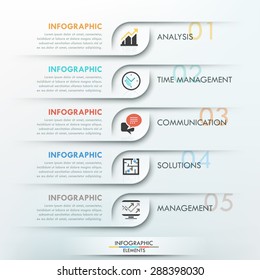 Minimal infographics options template with rounded textures and icons for 5 options. Vector. Can be used for web design and  workflow layout