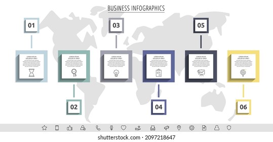 Minimal infographics with six square elements or rectangular frames. Modern visualization of 6-stepped business concept. Flat infographic design template for diagram, web, banner