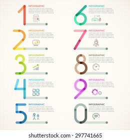 Minimal infographics template with numbers from 0 to 9 in outline style. Vector. Can be used for web design and  workflow layout