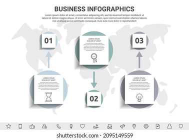 Infografía mínima con tres elementos cuadrados o círculos. Visualización moderna del concepto de línea de tiempo paso a paso de 3. Plantilla plana para diagrama, negocio, web, diagrama de flujo, escala de tiempo, niveles, gráfico