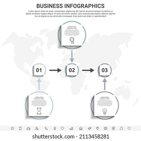 Minimal infographics with three square elements or circles. Modern visualization of 3 step by step timeline concept. Flat template for diagram, business, web, flowchart, timeline, levels, chart