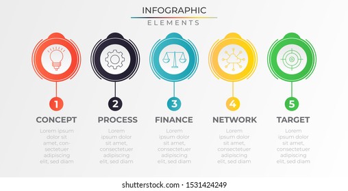 Minimal infographics timeline with 5 colorful circular paper steps and icons. Chart process template. Modern vector for company or corporate business project and presentation. Trendy Eps10 design