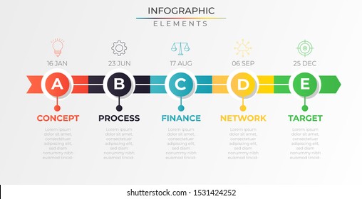 Minimal infographics timeline with 5 colorful circular paper steps and icons. Chart process template. Modern vector for company or corporate business project and presentation. Trendy Eps10 design