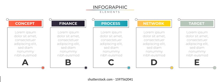 Minimal infographics timeline with 5 steps colorful rectangle elements . Chart process template. Modern vector for company or corporate business project and presentation. Trendy Eps10 design