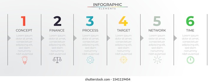 Minimal infographics timeline with 6 thin line paper steps, arrow and icons. Chart process template. Modern vector art for company or corporate business project and presentation. Trendy Eps10 design