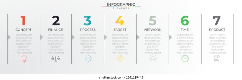 Minimal infographics timeline with 7 thin line paper steps, arrow and icons. Chart process template. Modern vector art for company or corporate business project and presentation. Trendy Eps10 design