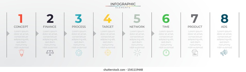 Minimal infographics timeline with 8 thin line paper steps, arrow and icons. Chart process template. Modern vector art for company or corporate business project and presentation. Trendy Eps10 design