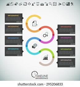 Minimal infographics timeline template with colorful path divided into 8 steps, icons and text. Vector. Can be used for web design and  workflow layout