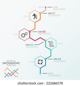 Minimal infographics timeline template with polygons, icons and text. Vector. Can be used for web design and  workflow layout