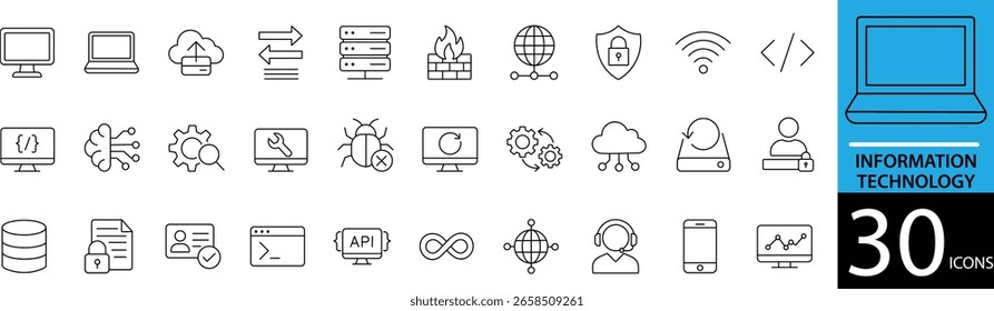 Minimal Information Technology Line Icon Set 30 Clean Outline Designs for Digital Services, Software, and IT Solutions