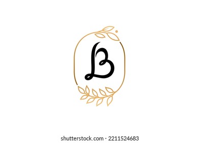 Minimal initial letter B luxury logo template inside oval frame with leaves or flower ornament