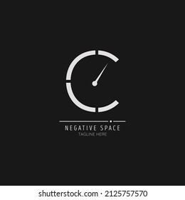 Minimal initial letter C with clock incorporated. Negative Space abstract Style Modern Vector Editable