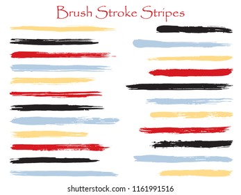 Minimal ink brush stroke stripes vector set, red black horizontal marker or paintbrush lines patch. Hand drawn watercolor paint brushes, smudge strokes collection. Vector ink traces color combinations