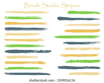 Minimal ink brush stroke stripes vector set, green horizontal marker or paintbrush lines patch. Hand drawn watercolor paint brushes, smudge strokes collection. Vector ink traces, color combinations.