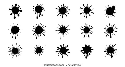 Gotas y salpicaduras mínimas de tinta. Manchas de manchas, goteo de pintura líquida y salpicaduras de tinta. Conjunto de Vector de punto abstracto grunge sucio artístico. salpicadura de goteo monocromo, mancha de tinta desordenada.