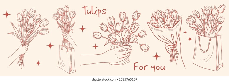 Minimal ink hand-drawn line art illustrations of hands holding bags filled with blooming tulips, featuring messages like 'With Love,' 'For You,' and 'Bloom.' Perfect for floral-themed greetings 