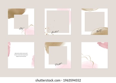 Minimal Instagram Social Media Story Post Feed Background Or Web Banner Template. Shiny Pink Nude Gold Watercolor Abstract Shape Vector  Mockup Layout. For Beauty, Jewelry, Cosmetics, Wedding, Make Up