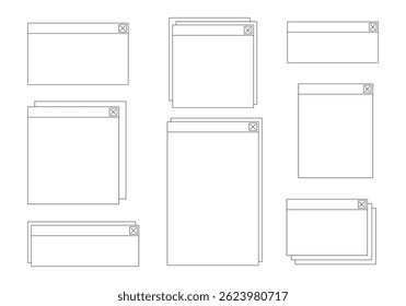 Minimal Interface Window Outline Icon. A set of 8 minimal UI window icons in clean black line art featuring various frame layouts with close buttons. Perfect for wireframes dashboards and web mockups