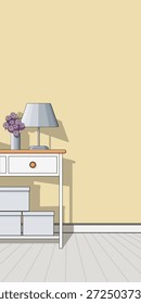 Ilustración de fondo interior mínima con una Pequeña mesa y lámpara contra una pared neutral suave. Composición de Vertical limpia con mucho espacio negativo, ideal para estilo de vida, marca y contenido de redes sociales.