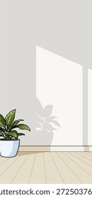 Minimale Hintergrundgrafik im Inneren mit einer Topfpflanze und weichem Fensterschatten an der Wand. Ruhige vertikale Komposition mit natürlichem Licht, perfekt für Wellness, Lifestyle und moderne Branding-Nutzung.