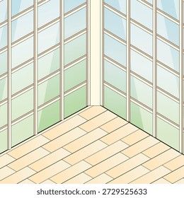 Ilustração isométrica interior mínima de um canto de sala vazia com grandes janelas e piso de azulejos. fundo, conceitos de interiores, visuais de arquitetura, espaços modernos limpos