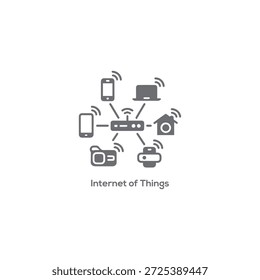 Minimal Internet of Things Network Icon with Connected Smart Devices, Wireless Router Symbol for IoT Technology, Home Automation Concept

