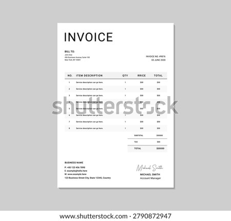 Minimal invoice template. Clean professional business billing layout, Business receipt and order bill statement