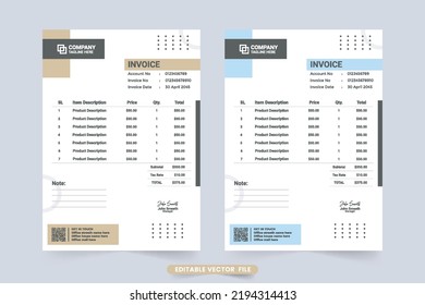 Minimal invoice template design with simple geometric shapes and product description section. Corporate billing paper and invoice template vector. Cash receipt and payment agreement paper vector.