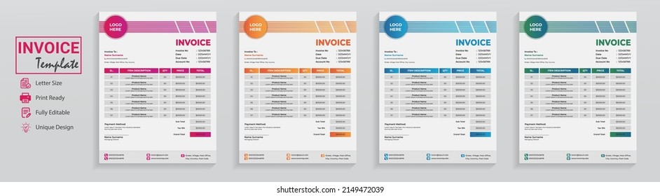 Minimal invoice template design. Trendy clean invoice form used as cash memo receipt for business grocery restaurant technology company.