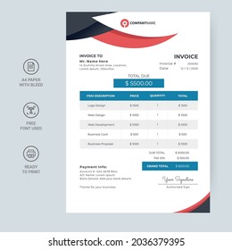 Minimal invoice template vector design. Business corporate creative invoice template. Business invoice for your business, print ready invoice template.