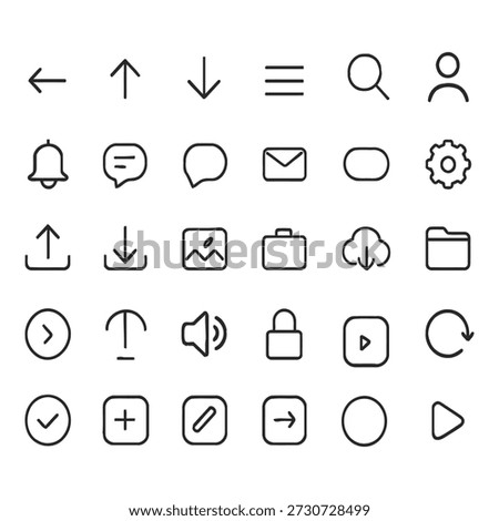 Minimal iOS-style outline UI icon set with navigation, messaging, files, system controls, and app actions. Clean stroke icons perfect for mobile apps, websites, dashboards, and SaaS interfaces.